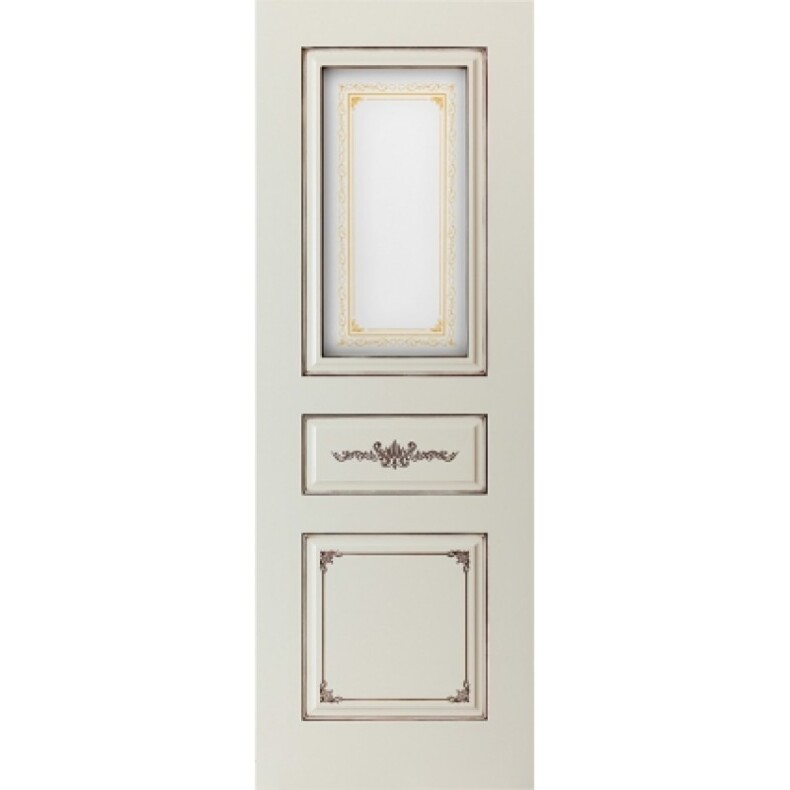 Межкомнатная дверь Парма белая эмаль с патиной золото со стеклом